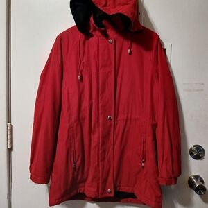 Liz Claiborne Red Soft Mid Length Car Coat, Zip & Snap, Hood, Zip Pockets